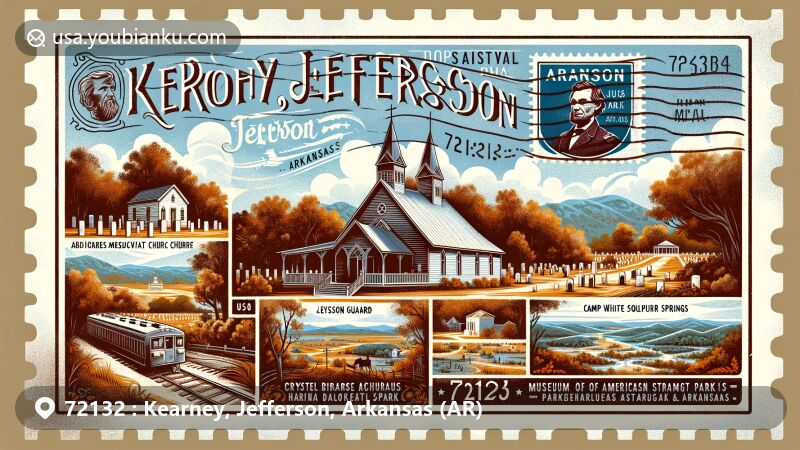 Illustration of Kearney, Jefferson County, Arkansas, ZIP code 72132, blending Civil War history and natural beauty, featuring Antioch Missionary Baptist Church Cemetery, Jefferson Guard, Camp White Sulphur Springs, Crystal Bridges Museum of American Art, and Parkin Archeological State Park.