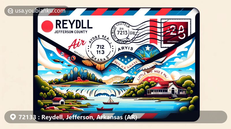 Creative illustration of an air mail envelope for ZIP code 72133, Reydell area, Jefferson County, Arkansas, featuring natural beauty and landmarks like Little Bayou Meto Park and English Lake. Includes Arkansas state symbols and Jefferson County outline.