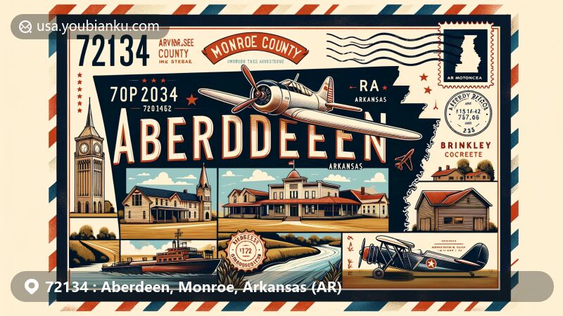 Modern illustration of Aberdeen, Monroe County, Arkansas (AR), featuring aviation-themed postal design with key elements like highlighted Aberdeen, the White River, historic landmarks, and vintage postal elements.