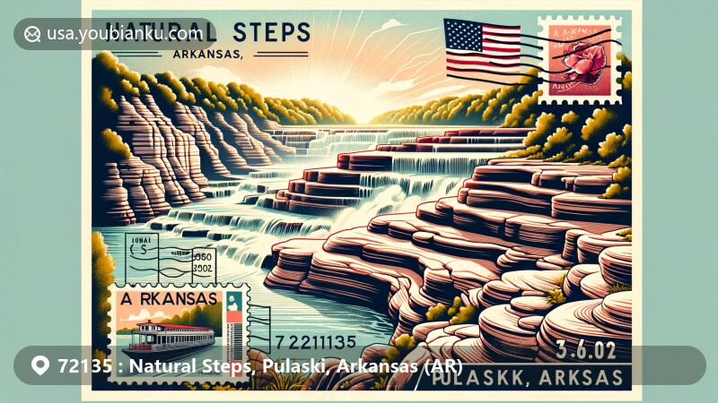 Modern illustration of Natural Steps, Pulaski County, Arkansas, featuring unique sandstone formation with stair-step appearance, vintage postcard design, and postal elements, showcasing ZIP code 72135, Arkansas state flag, and Pulaski County outline.