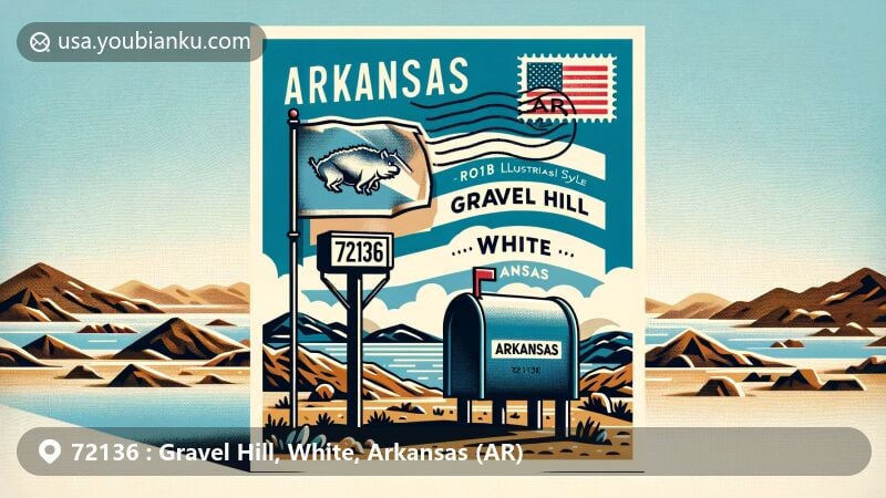 Modern illustration of Gravel Hill, White, Arkansas, featuring postal theme with ZIP code 72136, blending Arkansas iconic elements and regional scenery.