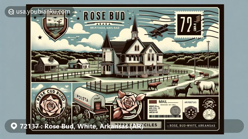 Modern illustration of Rose Bud, White County, Arkansas, with postal theme showcasing ZIP code 72137, including local landmarks like Darden-Gifford House and Rose Bud High School.