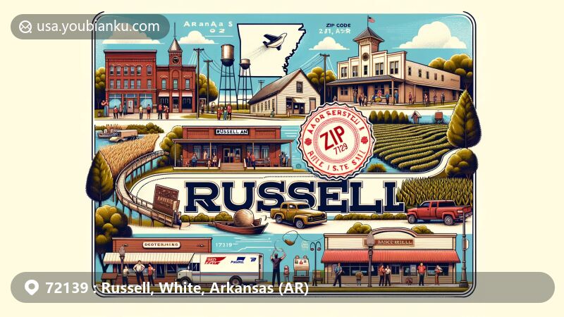 Modern illustration of Russell, AR, emphasizing community warmth, natural beauty, and agricultural heritage, incorporating postal theme with ZIP code 72139, featuring parks, fishing spots, and symbols of rice and soybean farming.