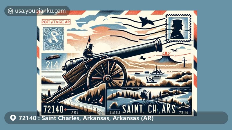Modern illustration of Saint Charles, Arkansas, highlighting ZIP code 72140 with a vintage airmail envelope depicting the Battle of Saint Charles and White River, featuring Arkansas state flag.