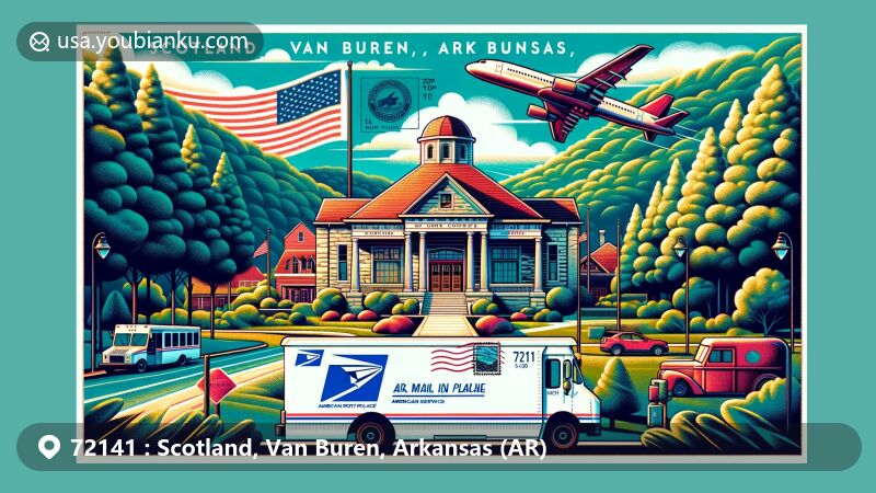 Modern illustration of Scotland, Van Buren County, Arkansas, showcasing the natural beauty of Ozark National Forest, King Opera House, and postal elements like air mail envelope and postal truck.