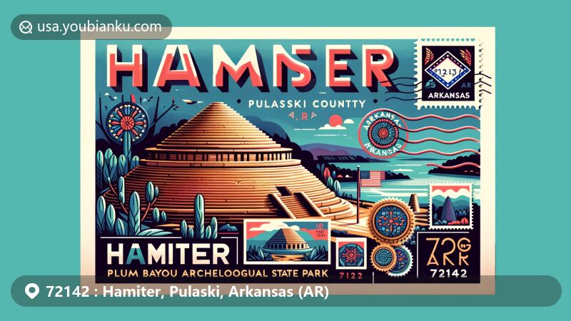 Modern illustration of Hamiter, Pulaski County, Arkansas, featuring Plum Bayou Mounds Archeological State Park, Arkansas state flag stamp, and postal elements with ZIP code 72142.