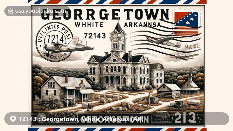 Modern illustration of Georgetown, White County, Arkansas (AR), incorporating ZIP code 72143, showcasing White County Courthouse, Pioneer Village, and White River scenic views.