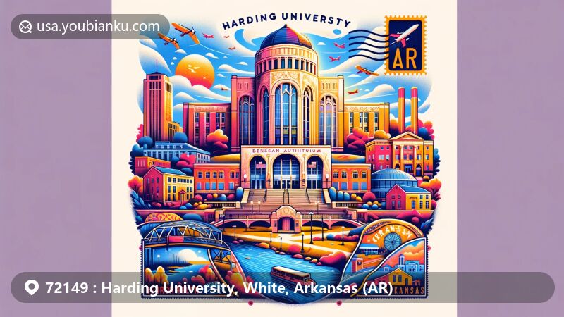 Modern illustration of Harding University in Searcy, Arkansas, highlighting Benson Auditorium facade and academic diversity, with a focus on ZIP code 72149 and local natural beauty and activities.