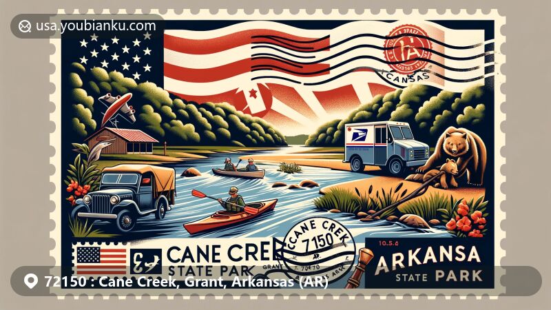 Illustration of Cane Creek area in Grant, Arkansas, featuring Cane Creek State Park activities like kayaking, fishing, and hiking, vintage air mail elements, Arkansas state flag, and local wildlife.