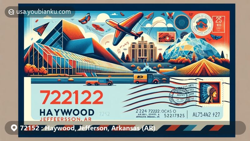 Modern illustration of Haywood, Jefferson County, Arkansas, featuring postal theme with ZIP code 72152, showcasing Crystal Bridges Museum of American Art and Parkin Archeological State Park.
