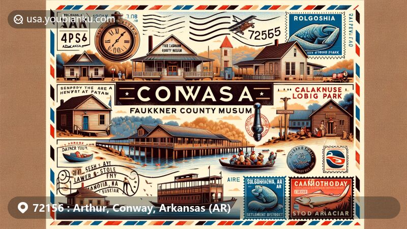Modern illustration of Conway, Arkansas, showcasing iconic landmarks like Faulkner County Museum, Daniel Greathouse Log Cabin, Cadron Settlement Park, Toad Suck Ferry, and Robinson Historic District, integrated with postal elements such as an airmail envelope, postage stamp, and postmark. The envelope prominently displays '72156' and 'Solgohachia, AR,' while the stamp features a distinctive image of Cadron Settlement Park. The design blends regional characteristics of Conway with postal communication theme.