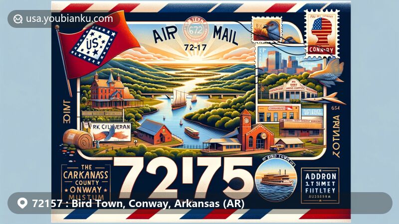 Modern illustration of Bird Town, Conway, Arkansas, showcasing postal theme with ZIP code 72157, featuring Arkansas state flag, Conway County map outline, Faulkner County Museum, scenic Arkansas River Valley view from Petit Jean Mountain, Cadron Settlement Park, Toad Suck Ferry stamp, and vintage air mail envelope design.