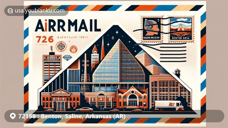Modern illustration of Benton, Arkansas, featuring airmail envelope with ZIP Code 72158, Gann Museum silhouette, Benton Commercial Historic District buildings, Niloak pottery-inspired patterns, and postal service symbols.