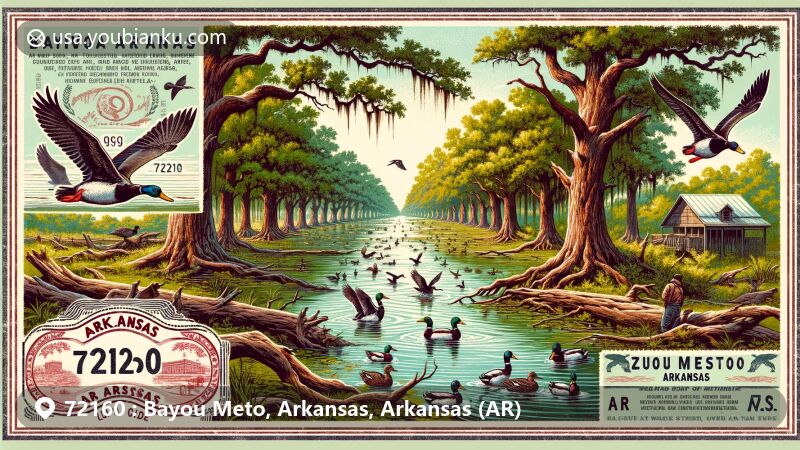 Modern illustration of Bayou Meto, Arkansas, depicting a slow-flowing creek cutting through lush green vegetation symbolizing the area, with towering red oaks along the banks. The artwork features various waterfowl flying and resting in the flooded forest, highlighting its reputation as a premier waterfowl hunting destination. Incorporating vintage postcard design elements like decorative borders framing the scene and faded background texture for a historical feel. Emphasizing the postal theme, the illustration includes a stylized stamp in one corner featuring the iconic Arkansas state flag and a postmark reading 'Bayou Meto, AR 72160.' Rich in details and vibrant colors, suitable for modern web illustrations capturing the natural beauty and postal heritage of the location. A contemporary illustration style, lively and engaging, paying homage to the duck hunting and outdoor legends represented by Bayou Meto.