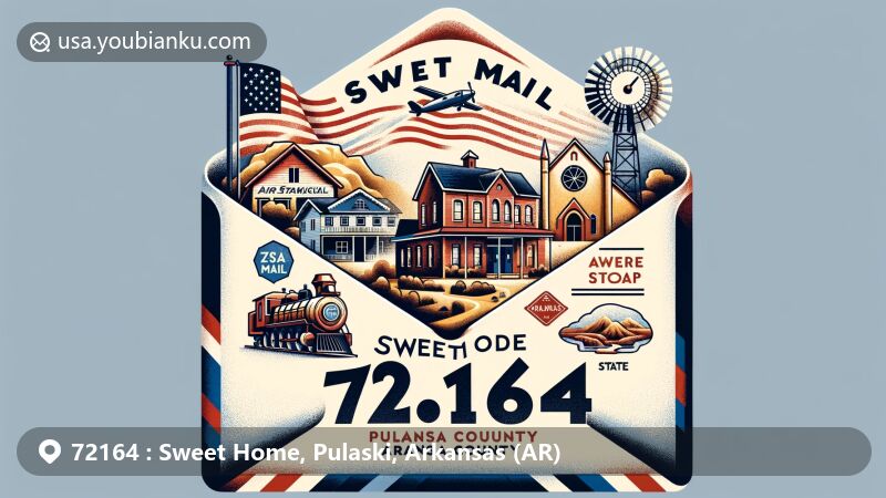 Modern illustration of Sweet Home, Pulaski County, Arkansas, highlighting postal theme with ZIP code 72164, incorporating symbols like the state flag, Sweet Home Methodist Episcopal Church, African Methodist Episcopal Church, and bauxite mining.