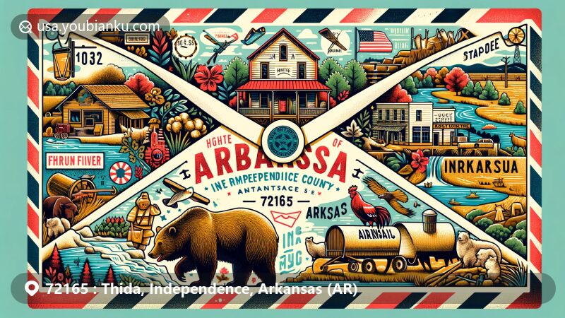 Modern illustration of Thida, Arkansas (72165), featuring vintage airmail envelope with White River, Thida General Store and Cafe, Thida Post Office, Arkansas state symbols, and local agriculture, in vibrant style.