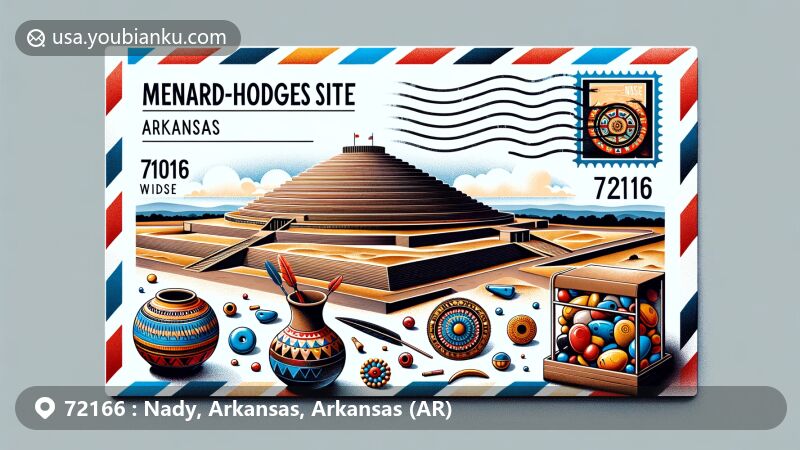 Creative illustration of Nady, Arkansas, area with ZIP code 72166, featuring Menard-Hodges site artifacts and Native American heritage, including pottery, glass beads, and copper ornaments.