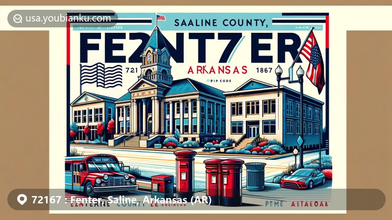 Modern illustration of Fenter, Saline County, Arkansas, featuring Saline County Courthouse, Benton Commercial Historic District, and classic red postbox, emphasizing ZIP code 72167.