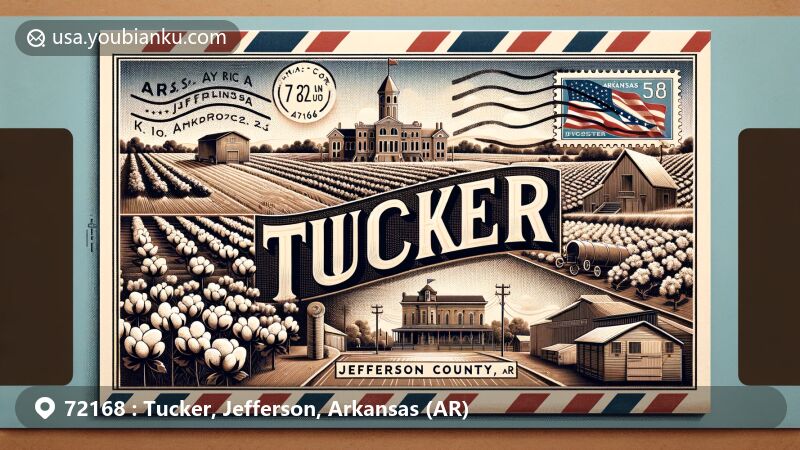 Modern illustration of Tucker, Jefferson County, Arkansas, featuring postal theme with ZIP code 72168, showcasing cotton fields, Tucker Plantation, Jefferson County Courthouse, Arkansas state flag, and Arkansas River.