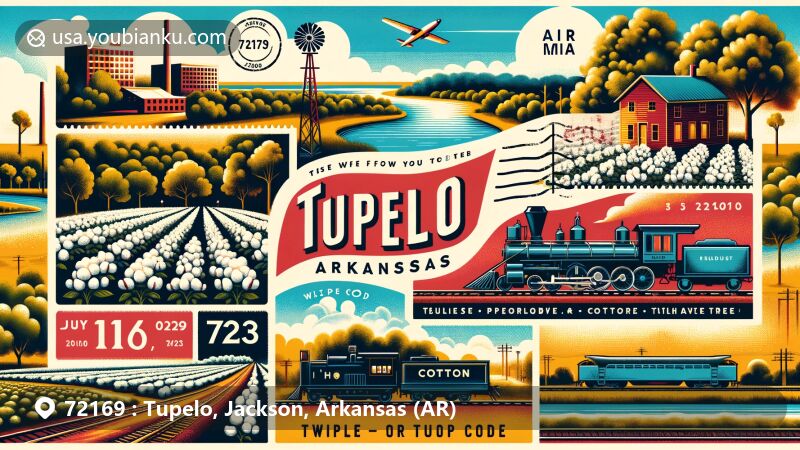 Modern illustration of Tupelo, Jackson County, Arkansas, blending regional features with postal elements, depicting White River, cotton fields, and historical railroad connection, styled as postcard or air mail envelope.