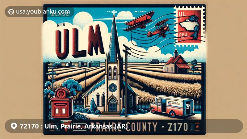 Vintage postal-themed illustration of Ulm, Prairie County, Arkansas, highlighting ZIP code 72170, featuring key symbols like Zion Lutheran Church, Grand Prairie rice fields, Arkansas state flag, red postbox, postal van, and small town ambiance.