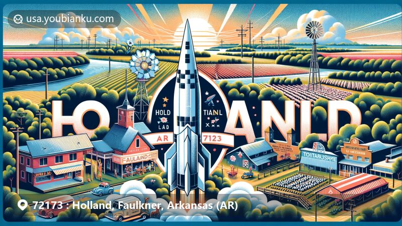 Modern illustration of Holland, Faulkner County, Arkansas, showcasing community spirit, agricultural heritage, and historical Titan II missile incident, with Toad Suck Daze and Faulkner County Fair symbols, cotton fields, and Arkansas's natural landscapes.