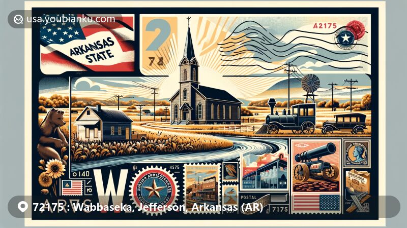 Modern illustration of Wabbaseka, Jefferson, Arkansas, featuring creative postal theme with Arkansas state flag, honoring Willie K. Hocker, and Wabbaseka United Methodist Church, blending landmarks with postal motifs and natural scenery.