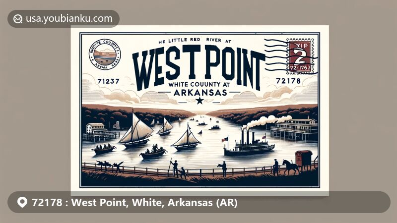 Modern illustration of West Point, Arkansas, showcasing postal theme with ZIP code 72178, featuring historical depiction of Little Red River, Civil War naval combat, and White County silhouette.