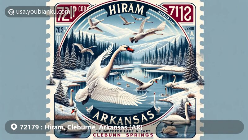 Modern illustration of Hiram area, Cleburne County, Arkansas, highlighting winter attraction of trumpeter swans at Magness Lake near Heber Springs. Majestic birds known for loud honking calls engaging in various activities.