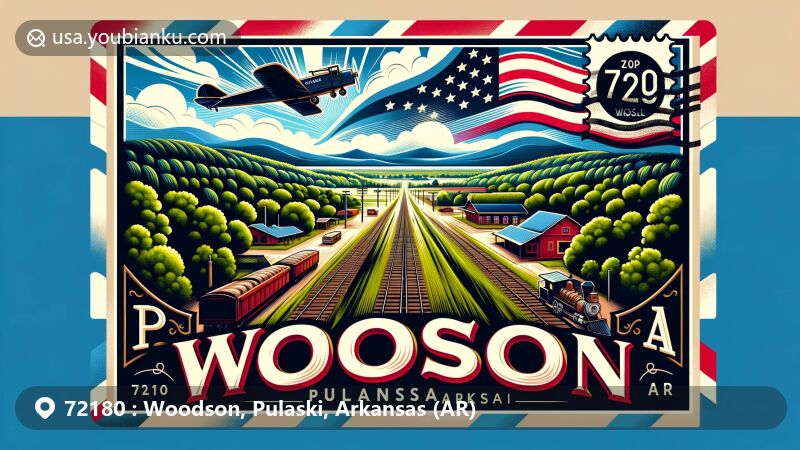 Modern illustration of Woodson, Pulaski County, Arkansas (ZIP code 72180), depicting lush green landscape and historic timber town, with postal theme and Arkansas state flag.