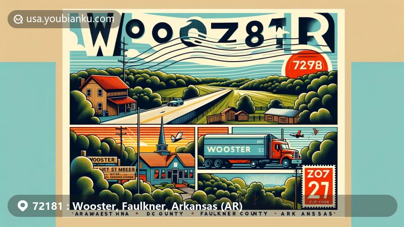 Modern illustration of Wooster, Faulkner County, Arkansas, highlighting ZIP code 72181 with a blend of rural charm and modern postal imagery, showcasing natural beauty, Arkansas Highway 25, and Wooster City Park.