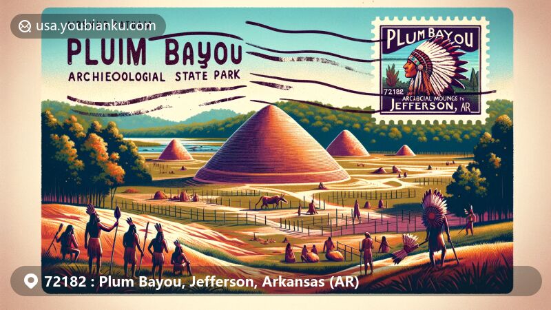 Modern illustration of Plum Bayou Mounds Archeological State Park in Jefferson County, Arkansas, featuring a ceremonial mound with artistic representation of Native American rituals, surrounded by the natural beauty of Plum Bayou and its forest. The postal theme includes a vintage stamp with the Arkansas state flag and a faint postmark with '72182 Plum Bayou, Jefferson, AR' text.