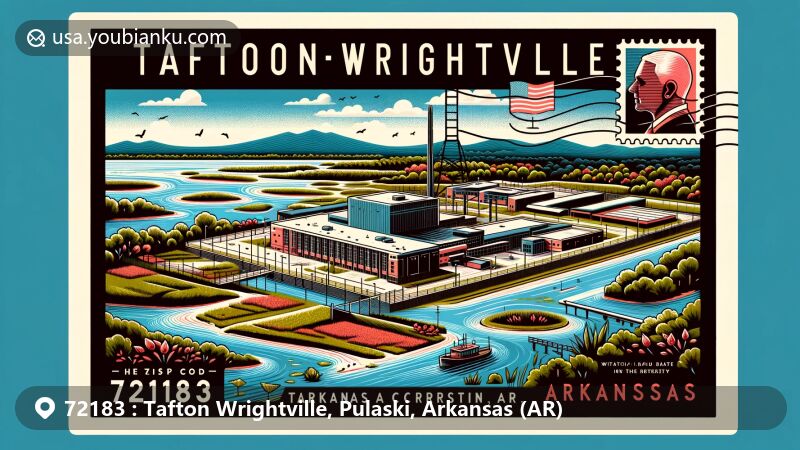 Modern illustration of Tafton-Wrightville, Pulaski County, Arkansas, featuring ZIP code 72183, showcasing Arkansas River, wetlands, and Arkansas Department of Corrections facility.