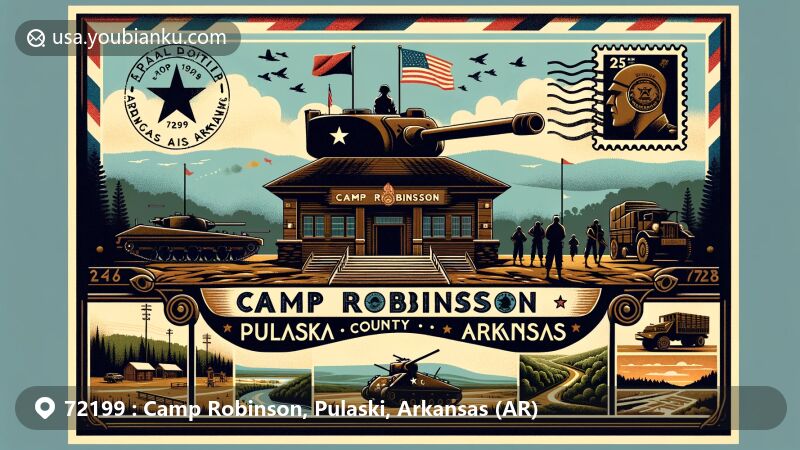 Modern illustration of Camp Robinson, Pulaski, Arkansas, showcasing military history, natural beauty, and postal theme with ZIP code 72199, featuring M-47 Patton tanks, training facilities, and Arkansas landscapes.