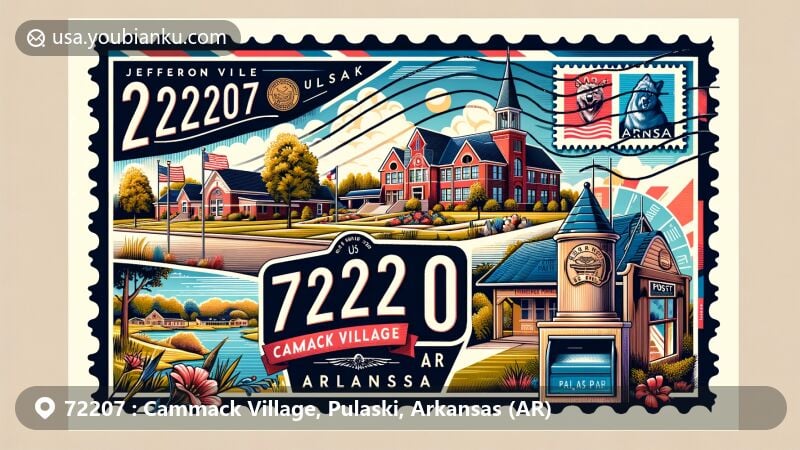 Modern illustration of Cammack Village, Pulaski, Arkansas, portraying key elements such as Jefferson Elementary School and Meriwether Park, along with stylized Arkansas state flag and postal theme with ZIP code 72207.