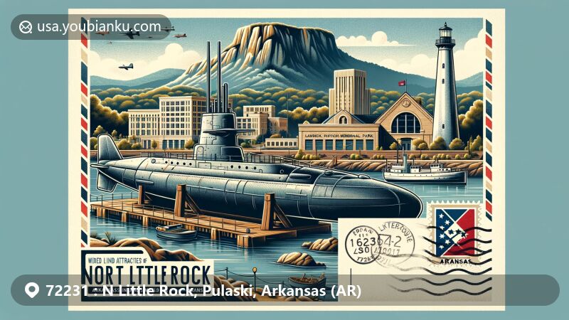 Modern illustration of North Little Rock, Arkansas, showcasing postal theme with USS Razorback at Arkansas Inland Maritime Museum, Pinnacle Mountain, and iconic symbols like Old Mill and vintage postal elements.