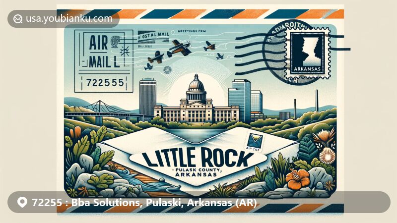 Modern illustration of Little Rock, Pulaski County, Arkansas, resembling an air mail envelope with a postal theme and elements highlighting the area's beauty, including the skyline, State Capitol Building, Arkansas River, local flora, and historical landmarks.