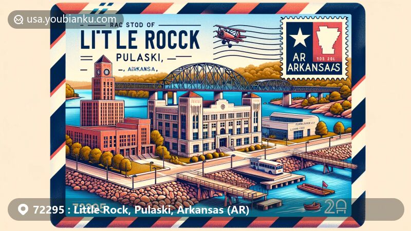 Modern illustration of Little Rock, Pulaski, Arkansas (AR), showcasing landmarks like Little Rock Central High School and Clinton Presidential Library, embodying civil rights and political history, with Arkansas River, Big Dam Bridge, and airmail envelope featuring postal theme and ZIP code 72295.