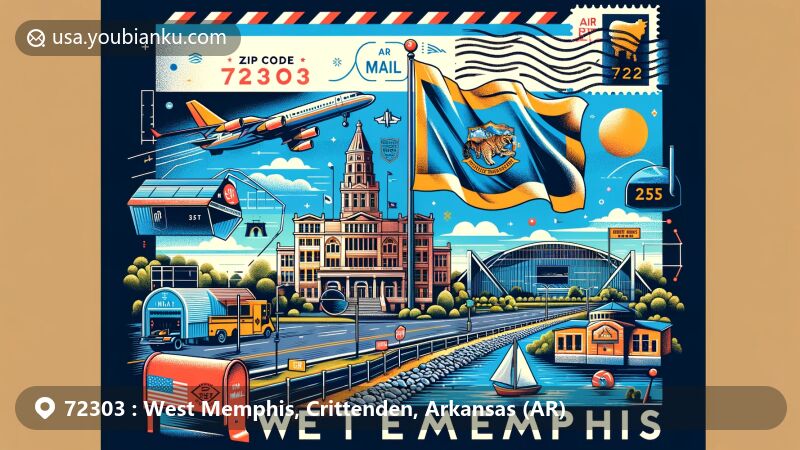 Modern illustration of West Memphis, Crittenden County, Arkansas, with ZIP code 72303, featuring city flag, Crittenden County Courthouse, Mississippi River, and Tilden Rodgers Sports Complex, set against air mail envelope backdrop.