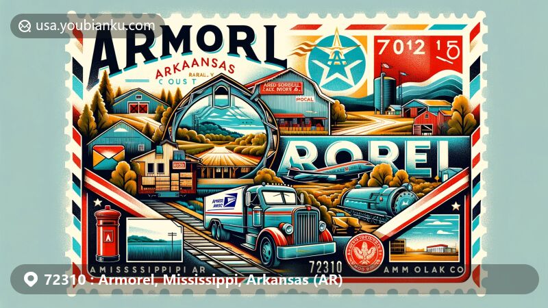 Modern illustration of Armorel, Arkansas, showcasing rural landscape, forests, farms, lumber industry, railroad history, Mississippi County outline, Arkansas state flag, and Nucor-Yamato Steel Co. Features vintage airmail envelope with Arkansas flag stamp, postal mark 'Armorel, AR 72310,' postal truck, and mailbox.