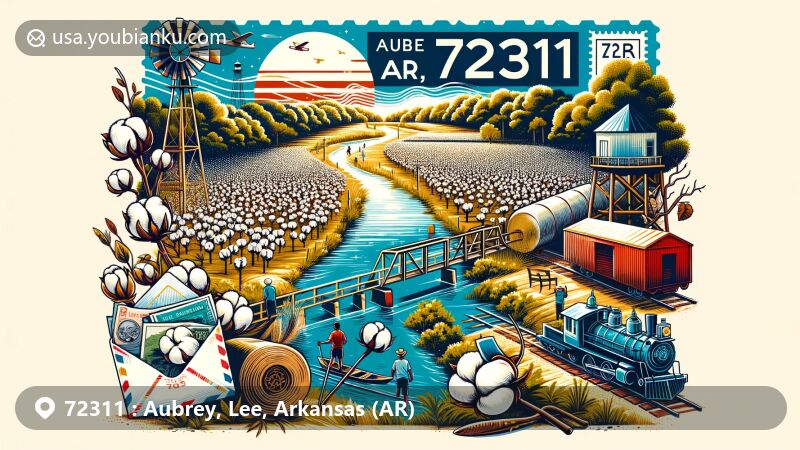 Modern illustration of Aubrey, Lee County, Arkansas, highlighting cotton plantations, Arkansas River, and postal theme with ZIP code 72311, reflecting area's history and natural beauty.
