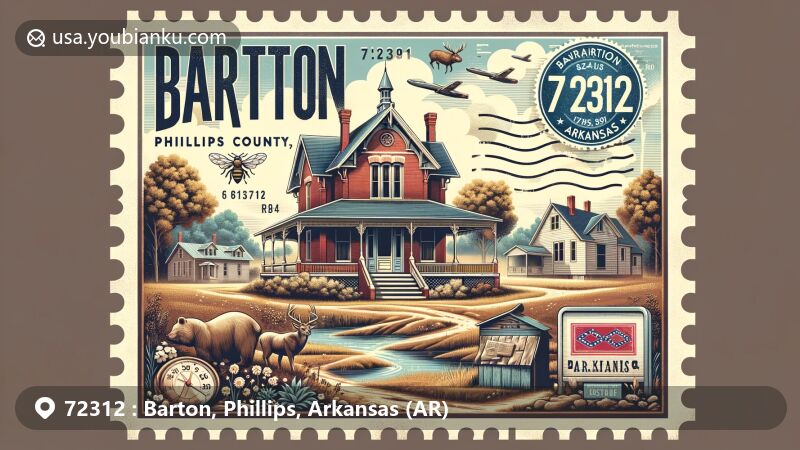 Modern illustration of ZIP code 72312, Barton, Phillips County, Arkansas, featuring vintage postal stamp, local symbols, and Arkansas state elements, highlighting Barton's history, education, and natural beauty.