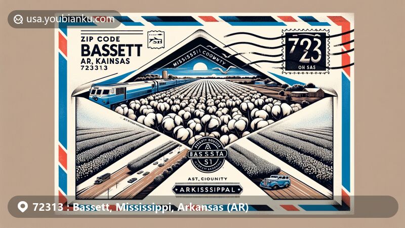 Modern illustration of Bassett, Arkansas, showcasing airmail envelope with cotton fields, Blues Highway, and ZIP code 72313, featuring Mississippi County outline and Arkansas state flag.