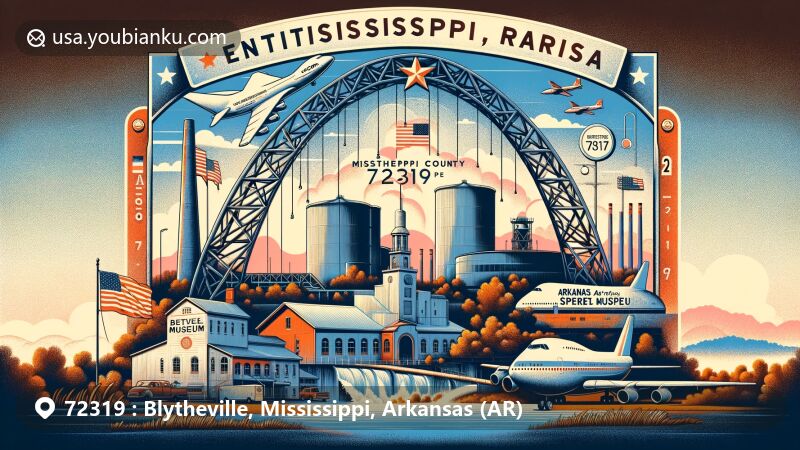 Modern illustration of Blytheville, Mississippi County, Arkansas, featuring iconic Blytheville Arch with 'Entering Arkansas' inscription, Nucor Steel plant, airplane, and Delta Gateway Museum.