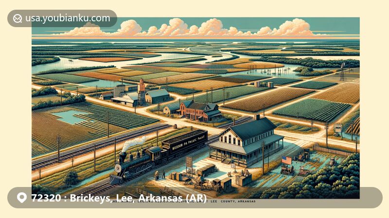 Modern illustration of Brickeys, Lee, Arkansas (AR), showcasing historical and modern elements with East Arkansas Regional Unit, agricultural fields, wetlands, and Marianna Cutoff railway line, featuring stylized post office with ZIP code 72320.