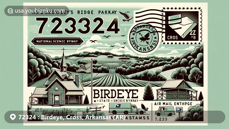Modern illustration of Birdeye, Cross County, Arkansas, highlighting ZIP code 72324, featuring scenic view of Crowley’s Ridge Parkway National Scenic Byway, historic W. M. Smith and Sons Store, Birdeye Farms, and Arkansas State Veterans Cemetery.
