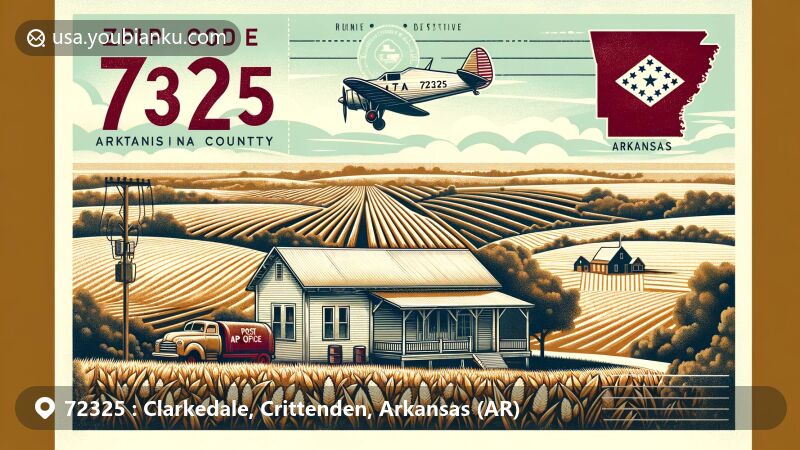 Modern illustration of Clarkedale, Crittenden County, Arkansas, featuring agricultural fields, a post office, Crittenden County outline, Arkansas state flag, vintage airplane with ZIP code 72325.