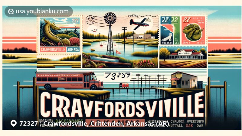 Modern illustration of Crawfordsville, Arkansas, in Crittenden County, blending geographical features like Mississippi Alluvial Plain and postal themes with ZIP code 72327, showcasing native tree species and postal elements.