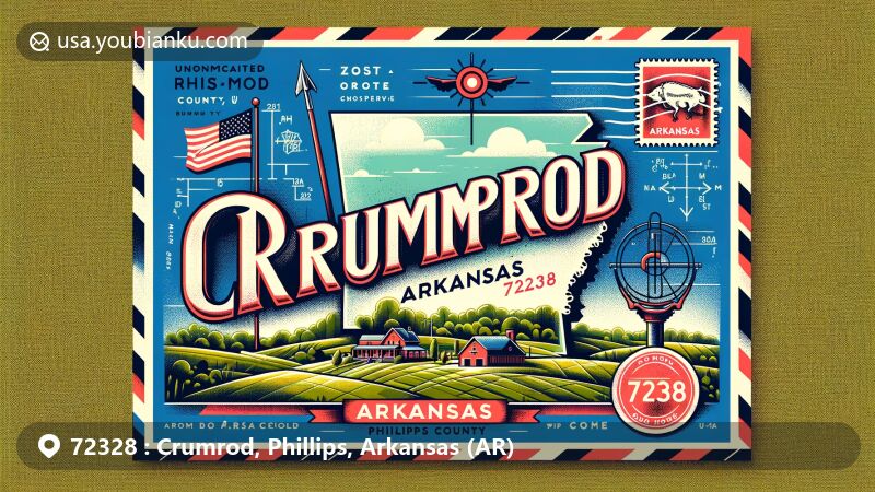 Modern illustration of Crumrod, Phillips County, Arkansas, postal theme with ZIP code 72328, featuring Arkansas state flag stamp, Crumrod's rural charm, green fields, and airmail envelope design.
