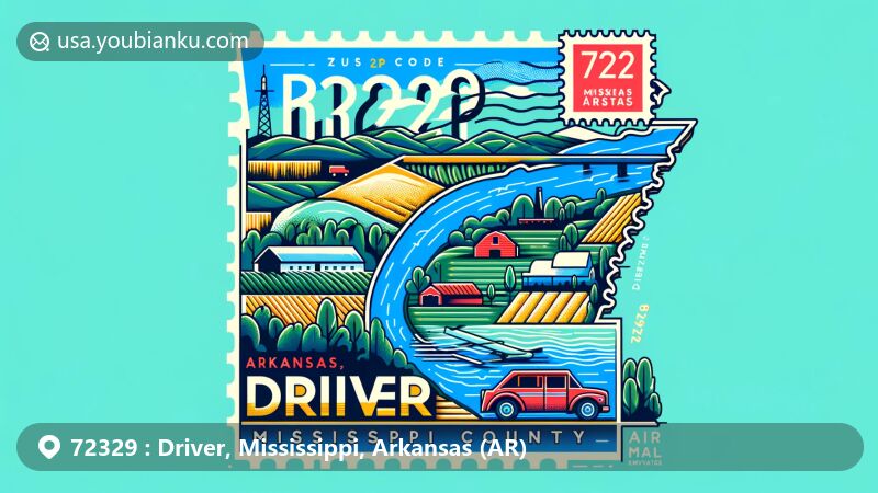 Modern illustration of Driver, Arkansas, in Mississippi County, showcasing postal theme with ZIP code 72329, featuring geographical outline, rural landscapes, agriculture, and local landmarks in the area, alongside postal elements like a post stamp, postmark, and air mail envelope border.